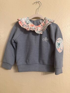 Girls Blue Knit Sweatshirt with Floral Ruffled Collar